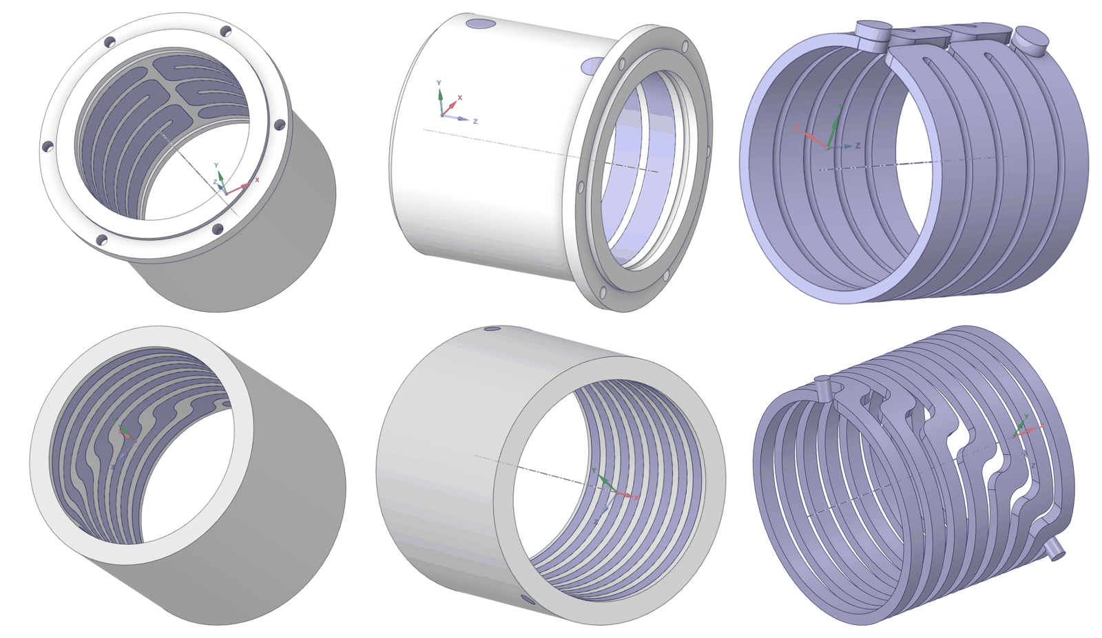 The cage CAD from the 2020 team report: three views of the first cage and three of the second, the one that matches our printed jackets