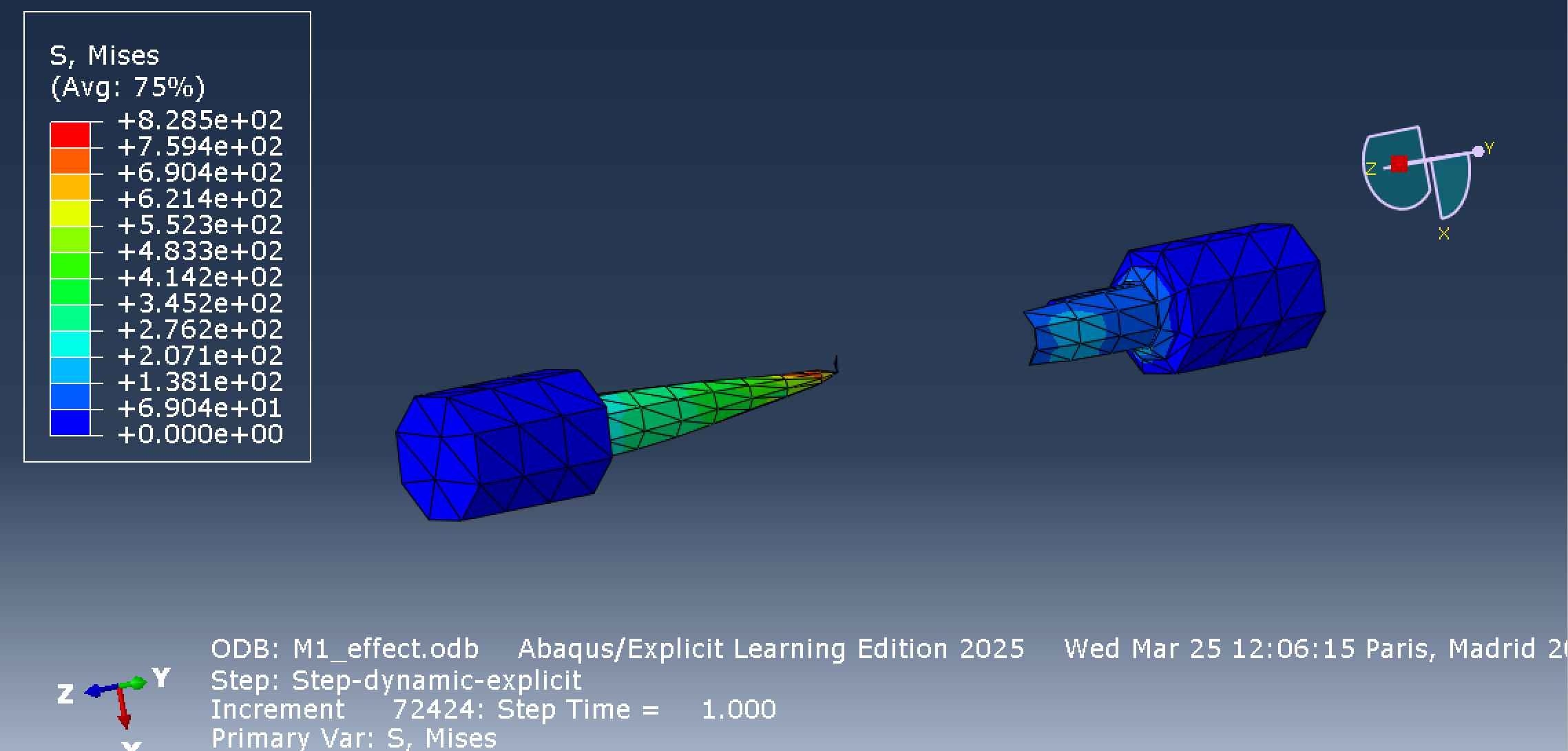Abaqus M1 mesh deformation, Von Mises stress contour, and separated specimen at final frame